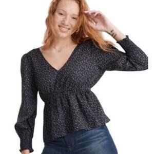 Madewell Women's Top Tie Back Peplum Indigo Floral Daisies Smocked Size XS NWOT